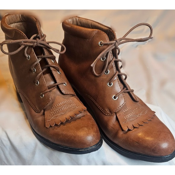 Ariat Shoes - Brown Leather Kiltie Lace Up Ankle Boots Western Low Block Heel Booties